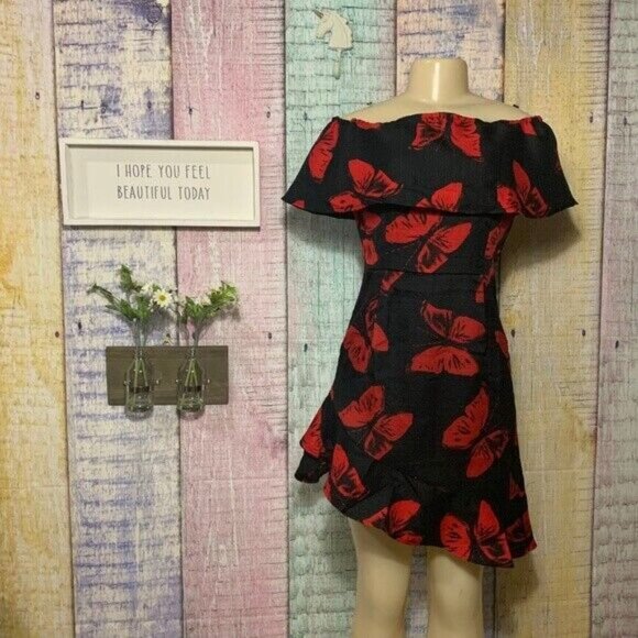 Womens Fashion Butterfly Printed Off Shoulder Dresses Ruffled Asymmetrical Dress - Picture 4 of 7